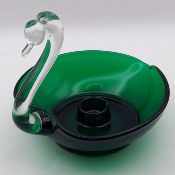 Duncan Miller Emerald Green & Clear Glass Swan Candle Holder Vintage MCM - Picture 1 of 6